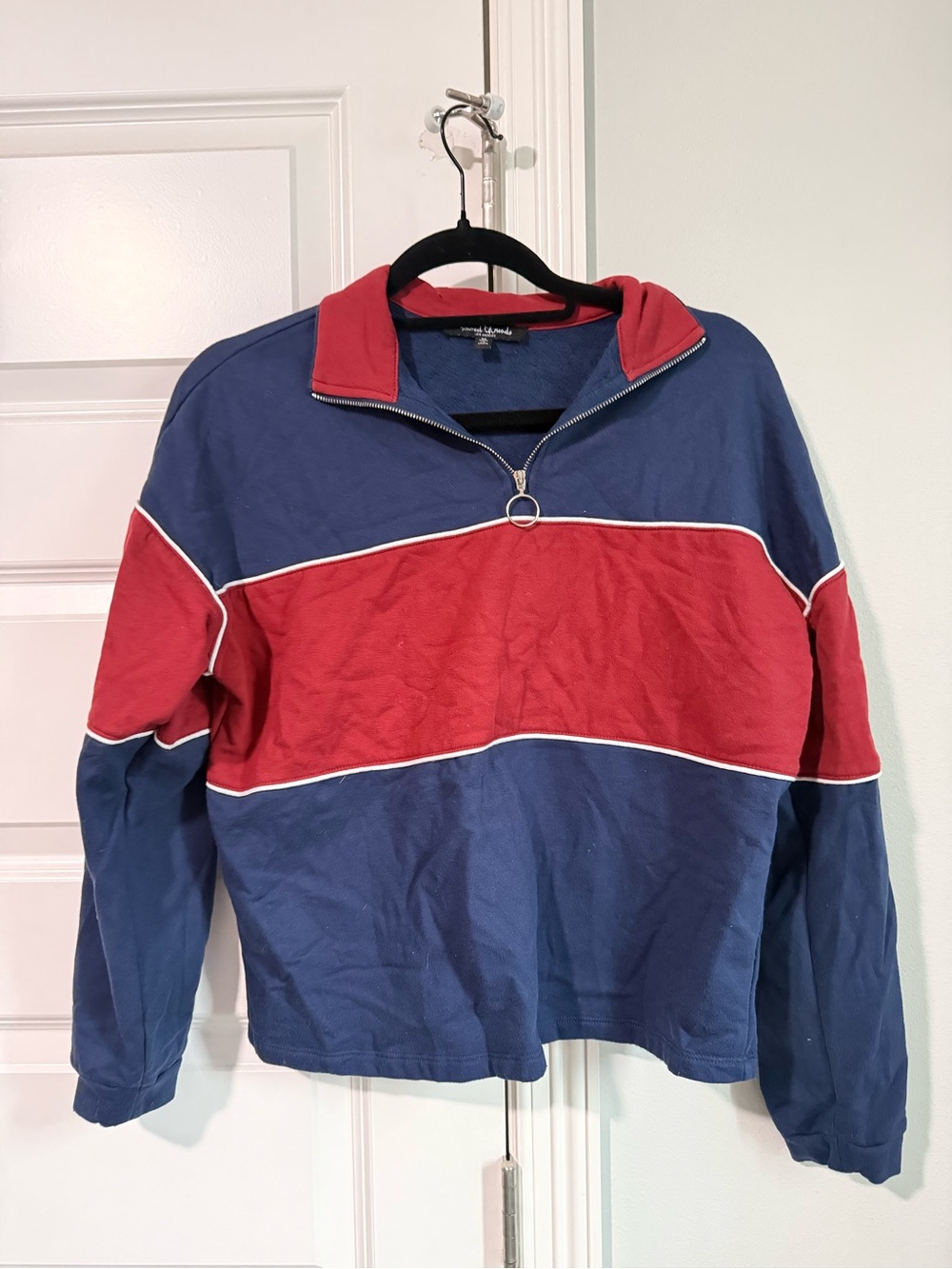 Vintage-Inspired Blue and Red Quarter-Zip Pullover